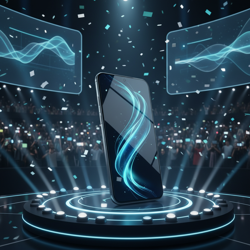 A new phone launch at a conference hall with lots of tech enthusiasts people around