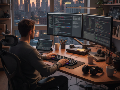 An image of a person using his laptop to hack a large database mongoDB