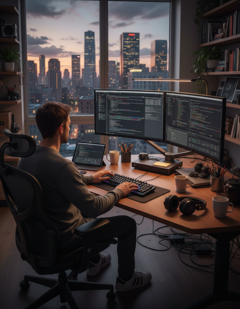 An image of a person using his laptop to hack a large database mongoDB