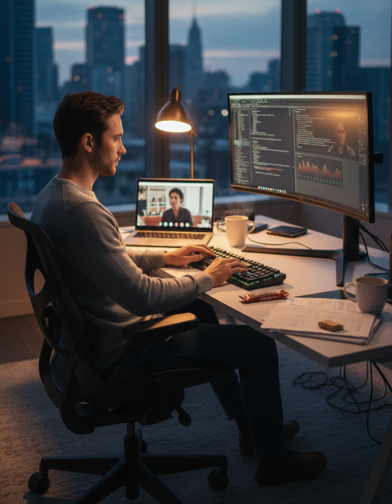 An image of a person using his laptop to hack a large database mongoDB
