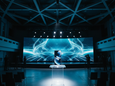 An image of a new phone getting launched in the market in a conference hall