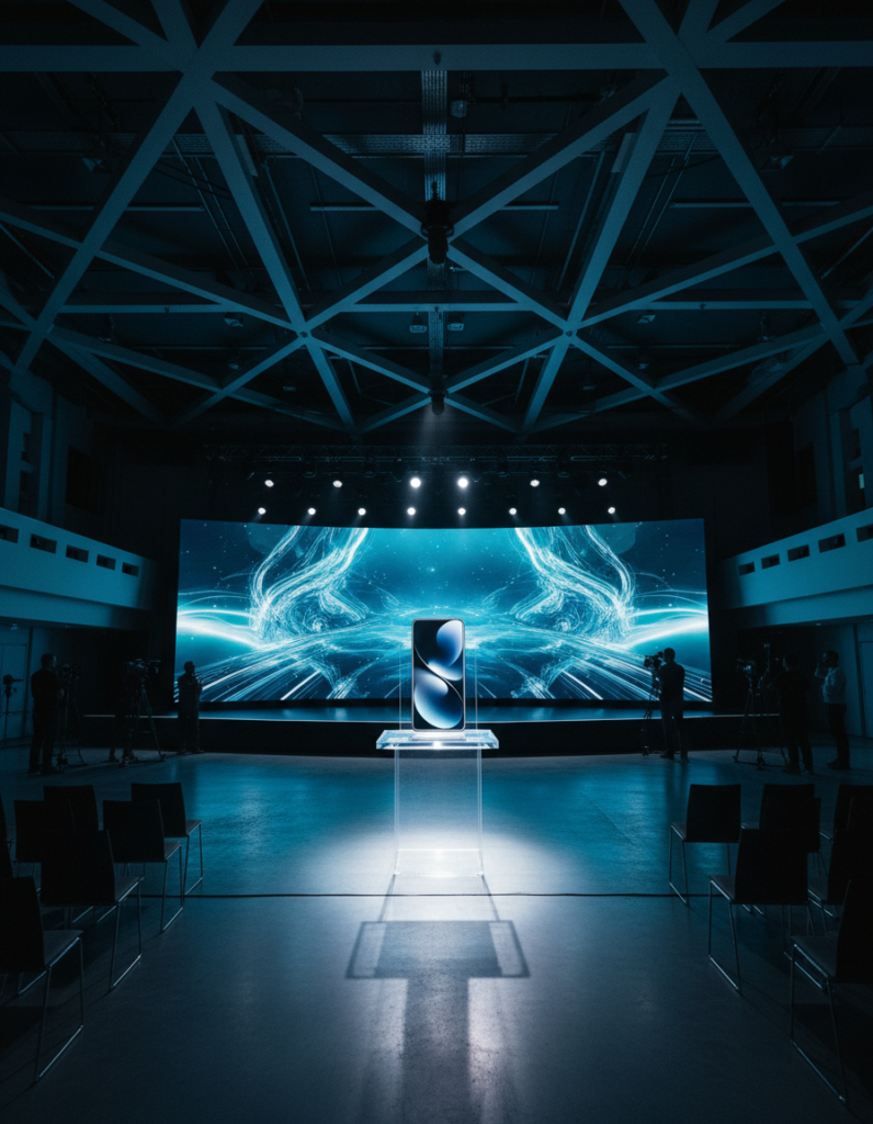 An image of a new phone getting launched in the market in a conference hall