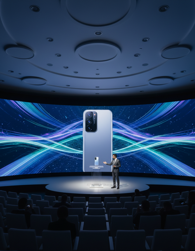 An image of a new phone getting launched in the market in a conference hall