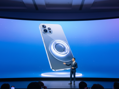 An image of a new phone getting launched in the market in a conference hall