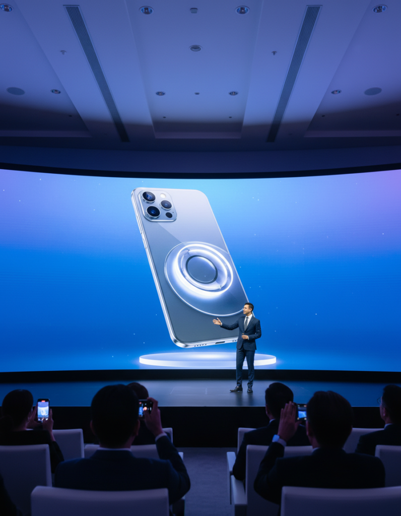 An image of a new phone getting launched in the market in a conference hall