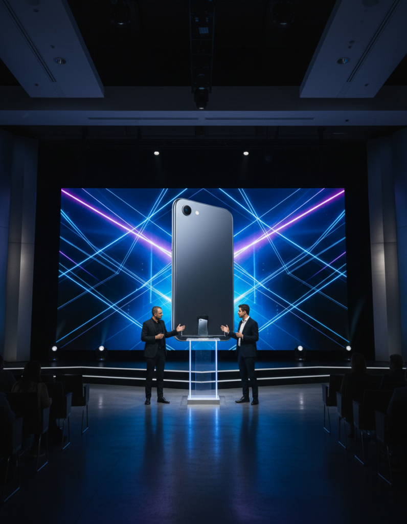 An image of a new phone getting launched in the market in a conference hall