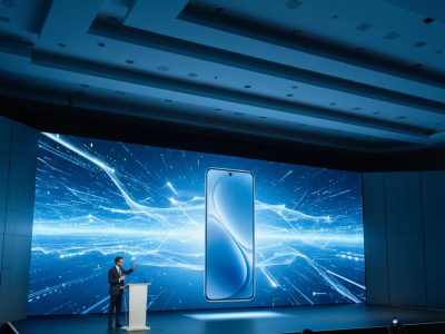An image of a new phone getting launched in the market in a conference hall