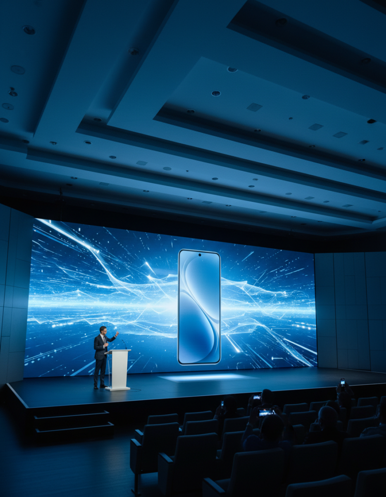 An image of a new phone getting launched in the market in a conference hall