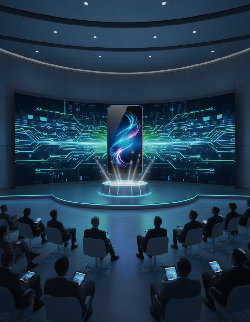 An image of a new phone getting launched in the market in a conference hall